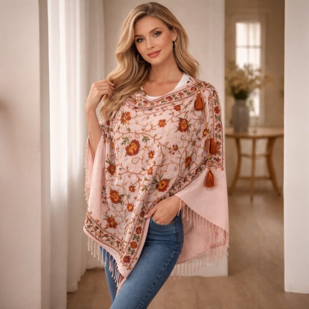 Pink Embroidered Kashmir 100% Wool Scarf Poncho